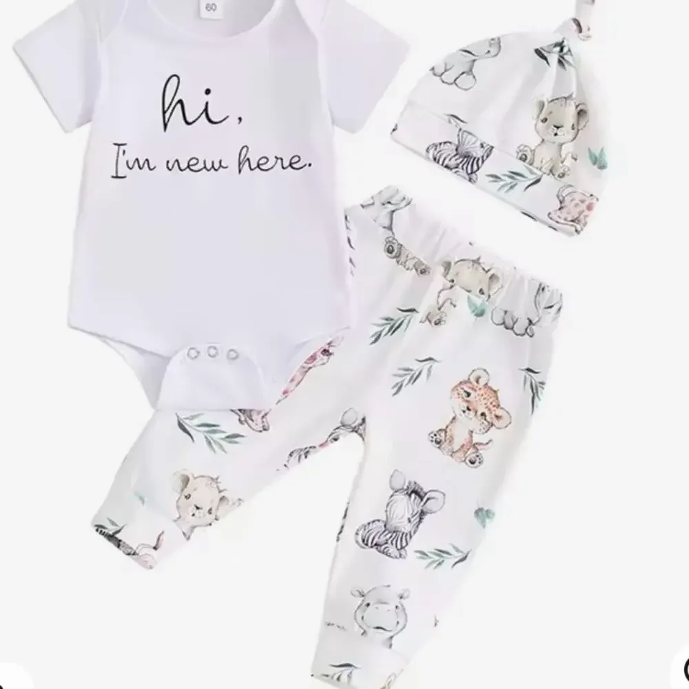 New Baby 3-Piece Outfit Set - White with Pastel Animal Prints NB